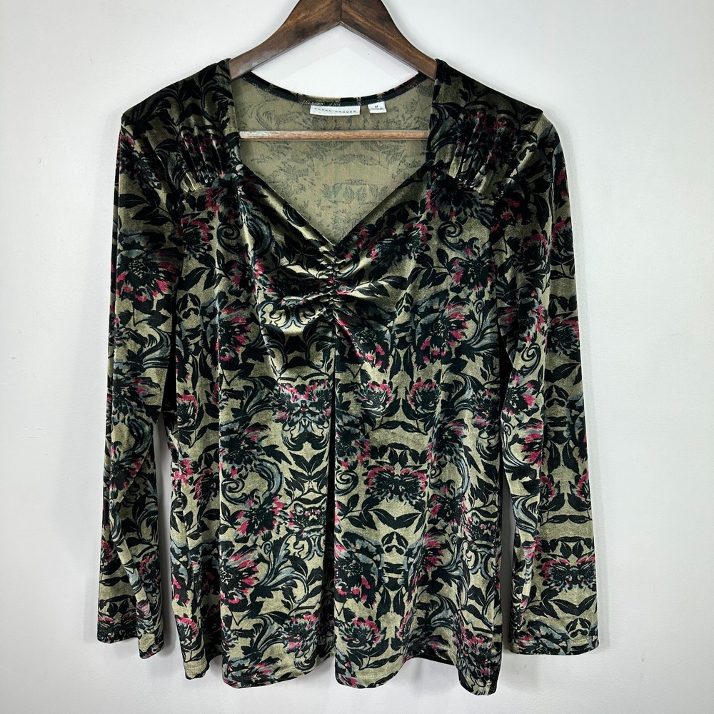 Susan Graver‎ Velvet Top Womens Medium Olive Green Floral Damask Ruched V-Neck
